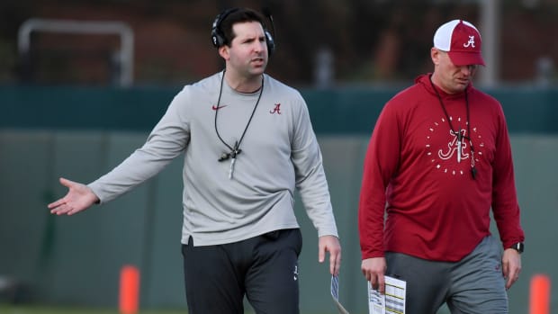 Quarterbacks coach Nick Sheridan gestures as he gives instructions during practice of the Alabama Crimson Tide football team Wednesday